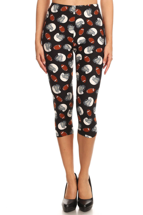 Women's Plus Football Helmet Printed Cropped Capri Leggings