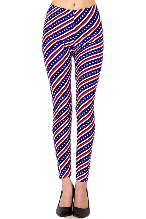 Women's Plus American Flag Diagonal 4th of July Pattern Printed Leggings