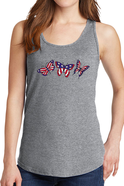 Women's Three Butterflies with American Flag Core Cotton Tank Tops -XS~4XL