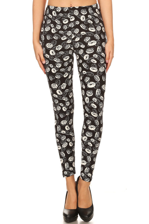 Women's Plus B&W Donuts Food Pattern Printed Leggings