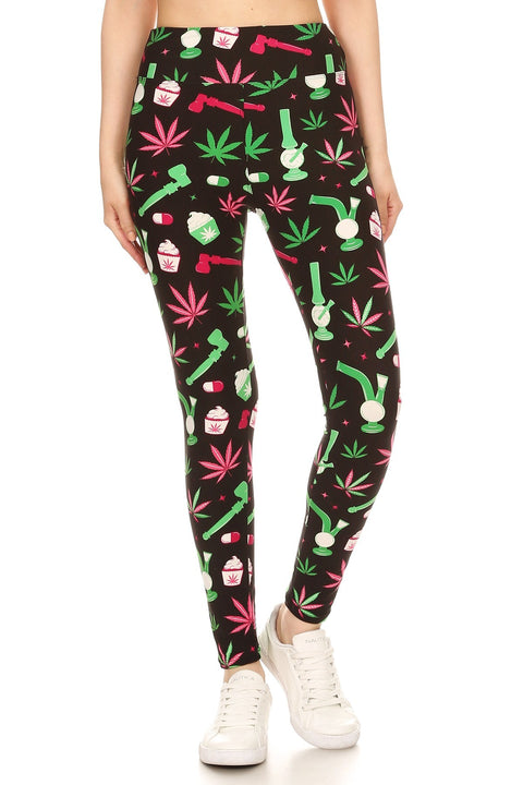 Women Regular High Waist Green Leaf Cannabis Printed Yoga Pants Leggings