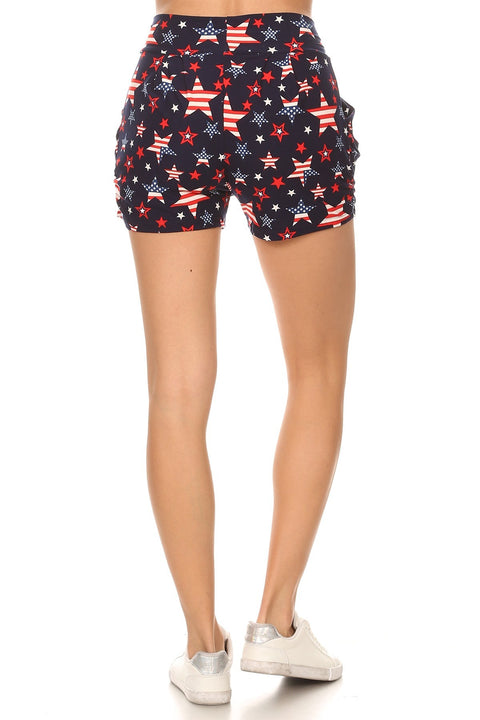 Women’s Regular Stars & Stripes Flag Printed Pleated Pockets Harem Shorts