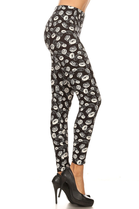 Women's Plus B&W Donuts Food Pattern Printed Leggings