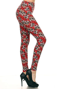 Women's Plus Red Sugar Skulls & Ribbon Pattern Printed Leggings