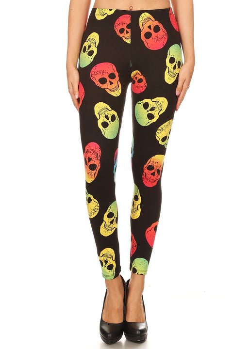 Women's Plus Colorful Skull Pattern Printed Leggings - Red Yellow
