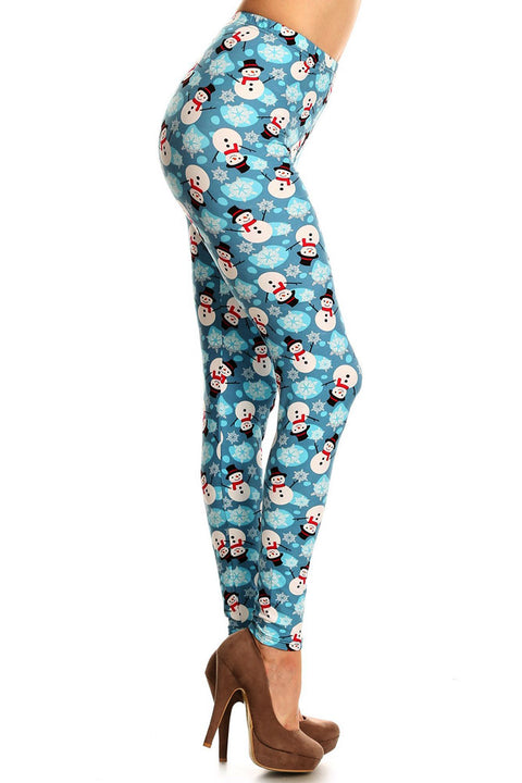 Women's PLUS Snowman & Snowflakes Printed Leggings - Christmas Gift