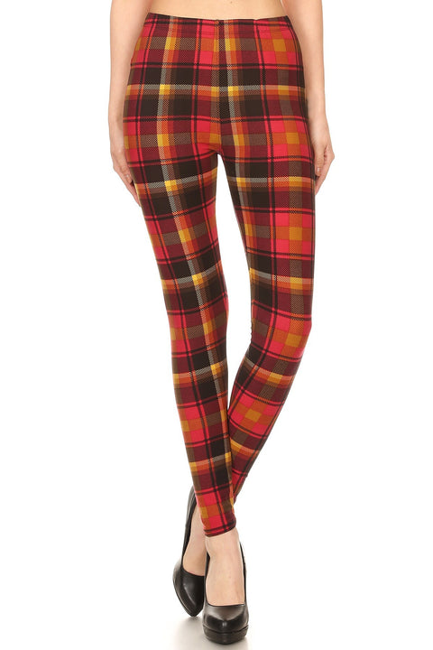 Women's Regular Red Mustard Plaid Pattern Printed Leggings
