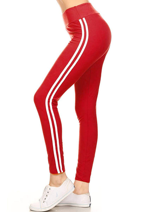 Womens High Waist Solid White Stripe Yoga Work Out Pants Leggings for Regular and Plus