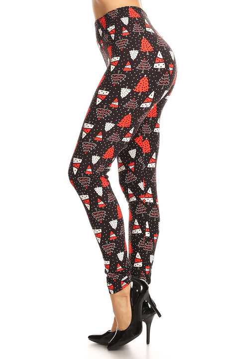 Women's Regular Red White Christmas Tree Pattern Printed Leggings