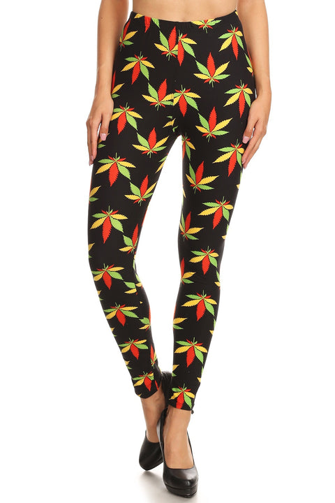 Women's Plus Colorful Leaf Plant Pattern Printed Leggings - Red Green