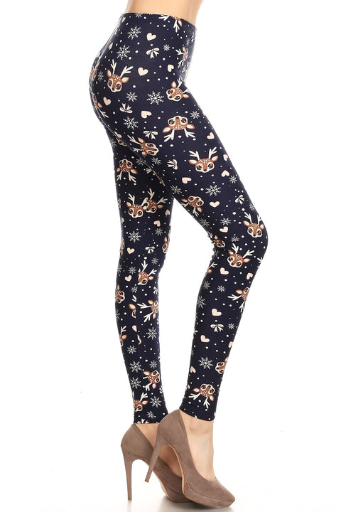 Women's Regular Reindeer Snowflake Heart Pattern Printed Leggings