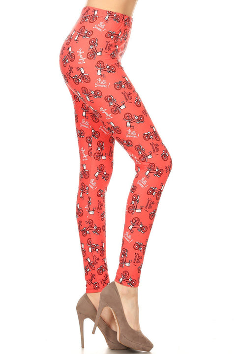 Women's Plus Bicycle in Coral Lifestyle Pattern Printed Leggings