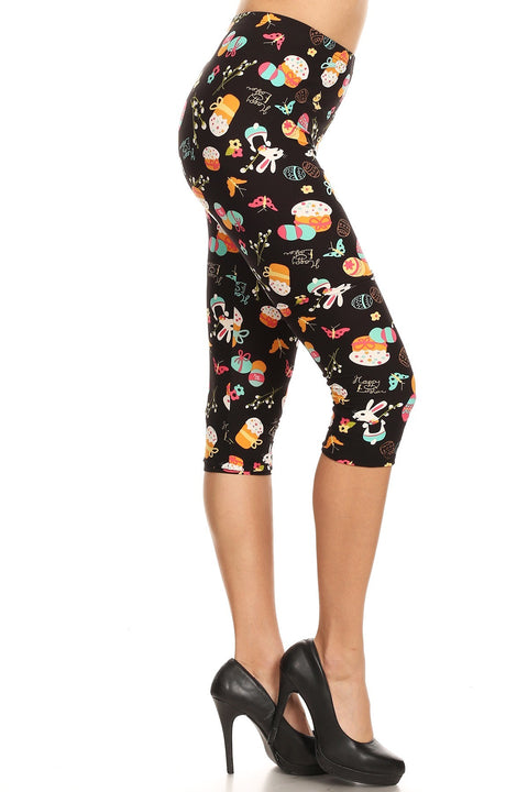 Women's Regular Easter Egg Rabbits Butterfly Printed Cropped Capri Leggings