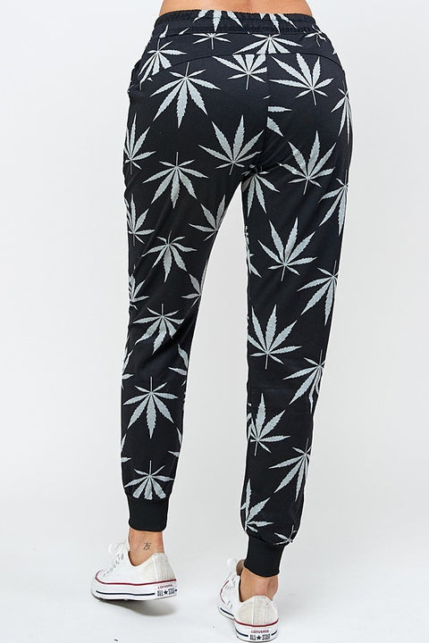 Womens Regular Allover Cannabis Printed Drawstring Joggers with Pockects
