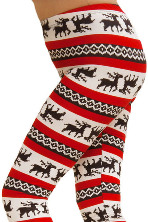 Women's Plus Colorful Holiday Red Reindeer Design Printed Leggings