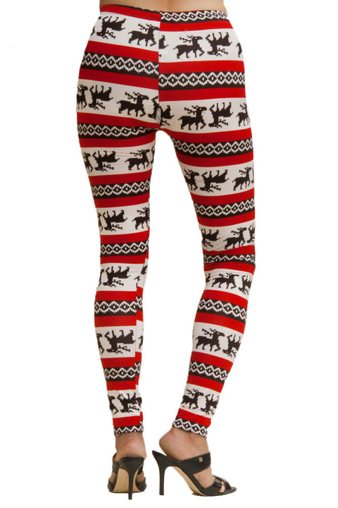 Women's Plus Colorful Holiday Red Reindeer Design Printed Leggings