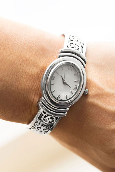 Women's Oxidized Scroll Design Hinged & White Dial Fashion Cuff Watch
