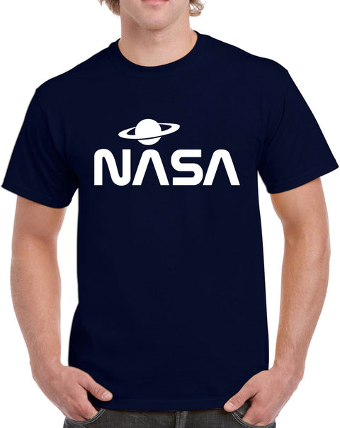 NASA with Saturn Design Heavy Cotton Classic Fit Round Neck Short Sleeve T-Shirts – S ~ 3XL