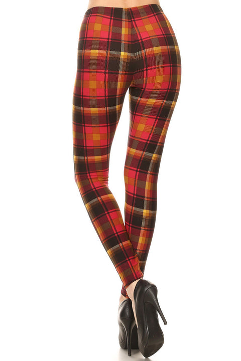 Women's Regular Red Mustard Plaid Pattern Printed Leggings