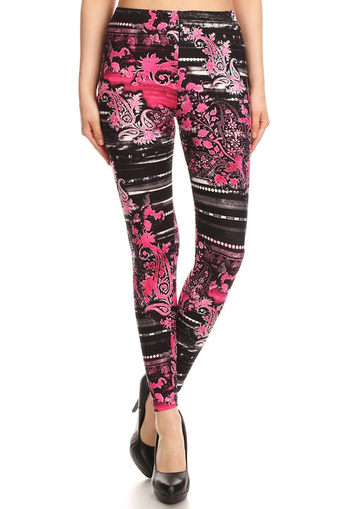 Women's Plus Pink Paisley Floral Pattern Printed Leggings