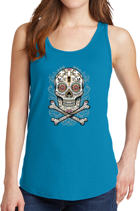 Women's Floral Skull with Crossbones Core Cotton Tank Tops -XS~4XL