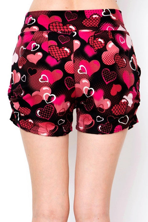 Women’s Regular Red Big Heart Printed Pleated Pockets Harem Shorts