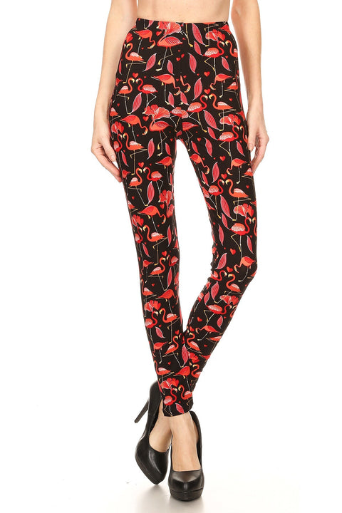 Women's Plus Flamingo Bird Pattern Printed Leggings - Black Pink