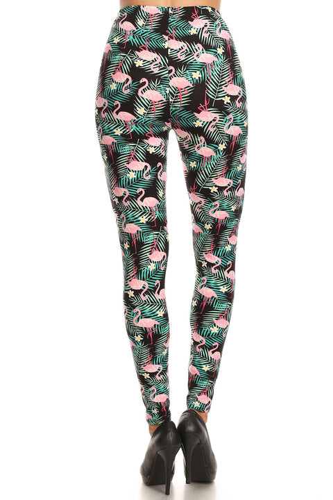 Women's Plus Tropical Plant Flamingo Pattern Printed Leggings