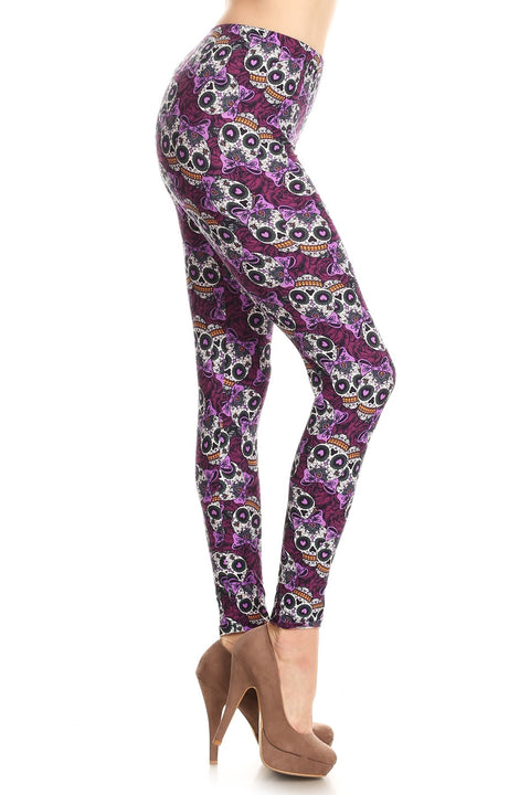Women's Plus Purple Sugar Skull Ribbon Pattern Printed Leggings