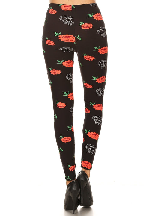 Women's Plus Skull Red Rose Pattern Printed Leggings