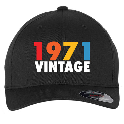 Customize Birth Year Birthday Retro Vintage 6 Panel Mid Profile Flexfit Closed Back Twill Cap - From Small to 2XL Big Size