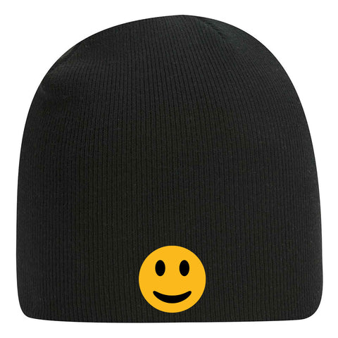 Yellow Happy Face Suede Like Feel Textured Printed Superior Cotton Blend 9" Classic Knit Beanies for Men & Women