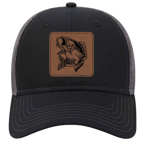 Bass Fish Square Leatherette Patch 6 Panel Low Profile Mesh Back Trucker Hat - For Men and Women