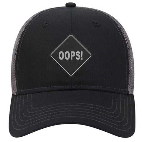 Oops Leatherette Patch 6 Panel Low Profile Mesh Back Trucker Hat for Men and Women