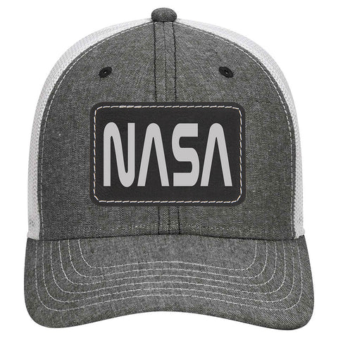 NASA Letter Leatherette Patch Cotton Blend Chambray 6 Panel Low Profile Mesh Back Trucker Hat - For Men and Women