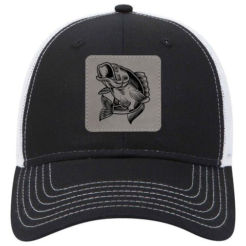 Bass Fish Square Leatherette Patch 6 Panel Low Profile Mesh Back Trucker Hat - For Men and Women