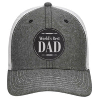 World's Best Dad Leatherette Patch Cotton Blend Chambray 6 Panel Low Profile Mesh Back Trucker Hat - For Men and Women