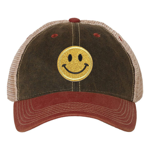 Yellow Glitter Happy Face Embroidered Patch 6 Panel Unstructured Low Profile Mesh Back Old Favorite Trucker Caps