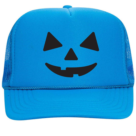 Pumpkin Happy Face Puff Halloween Printed 5 Panel High Crown Foam Mesh Back Trucker Hat - For Men and Women