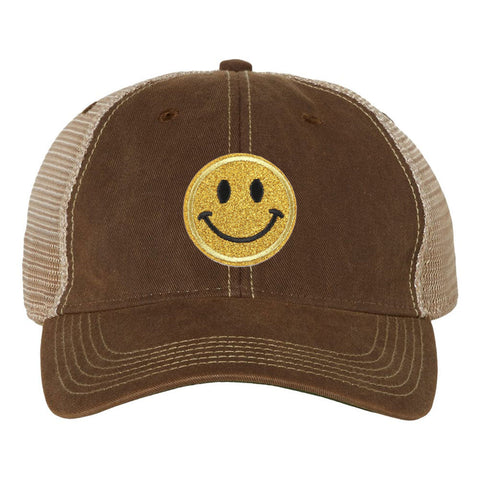 Yellow Glitter Happy Face Embroidered Patch 6 Panel Unstructured Low Profile Mesh Back Old Favorite Trucker Caps