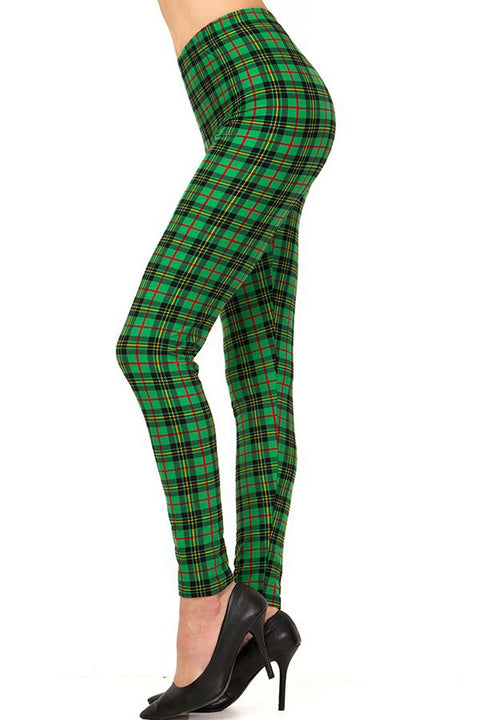 Women's Regular Holiday Green Wine Plaid Pattern Printed Leggings