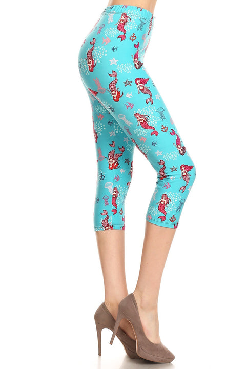 Women's Regular Red Mermaid Starfish Jellyfish Printed Cropped Capri Leggings