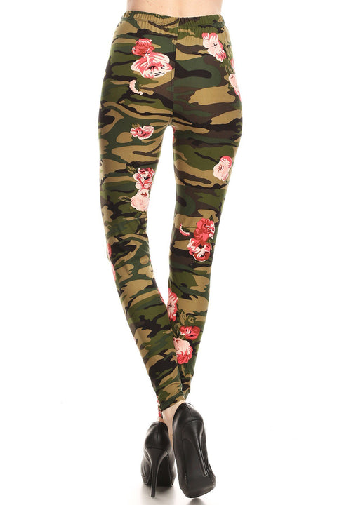 Women's Regular Camouflage Pink Small Rose Pattern Printed Leggings