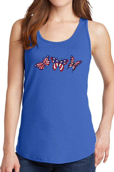 Women's Three Butterflies with American Flag Core Cotton Tank Tops -XS~4XL