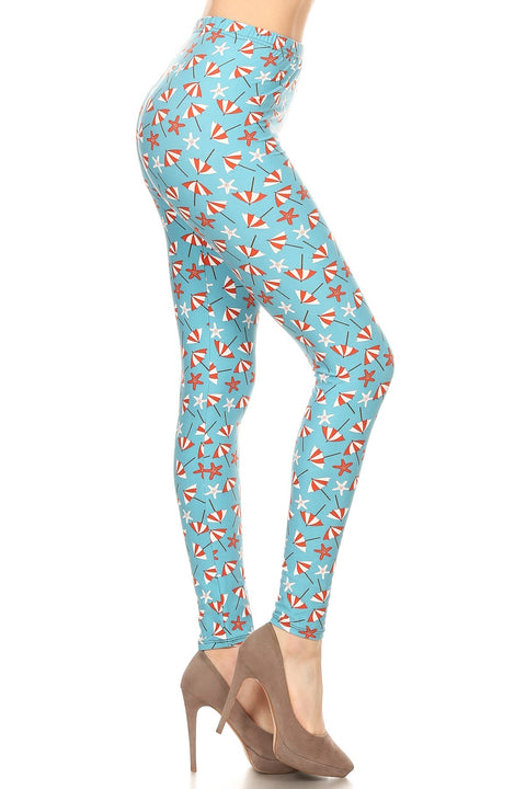 Women's 3 X 5X colorful Beach Umbrella Starfish Pattern Printed Leggings