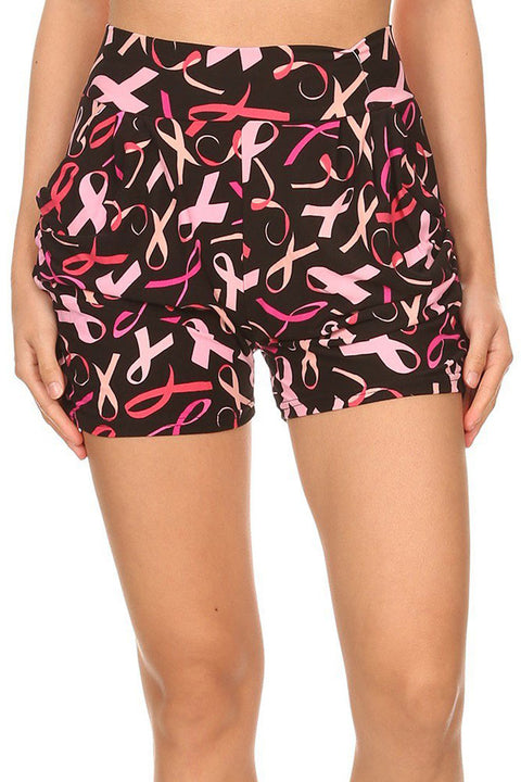 Women’s Regular Breast Cancer Ribbon Printed Pleated Pockets Harem Shorts