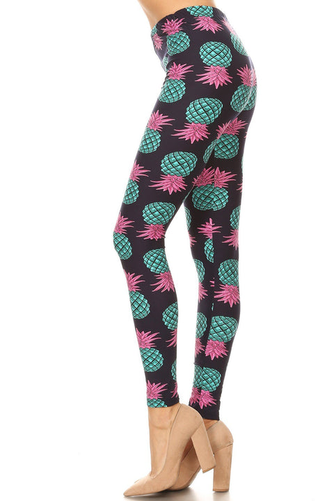 Women's Regular Blue Pineapple Fruit Pattern Printed Leggings