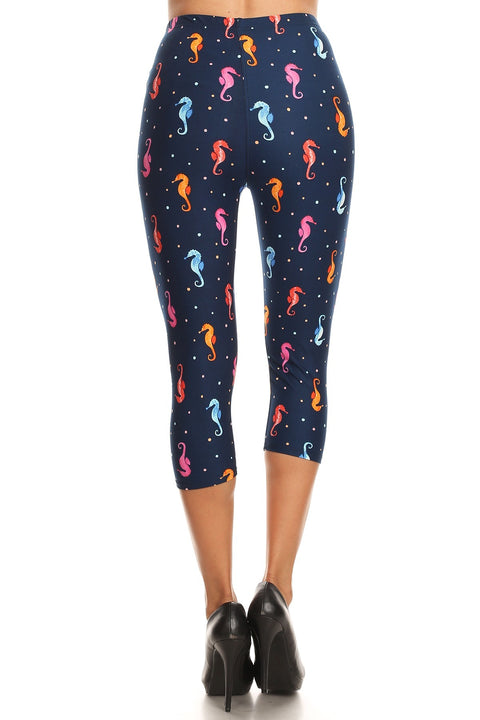 Women's Regular Sea Horses Bubbles Undersea Printed Cropped Capri Leggings