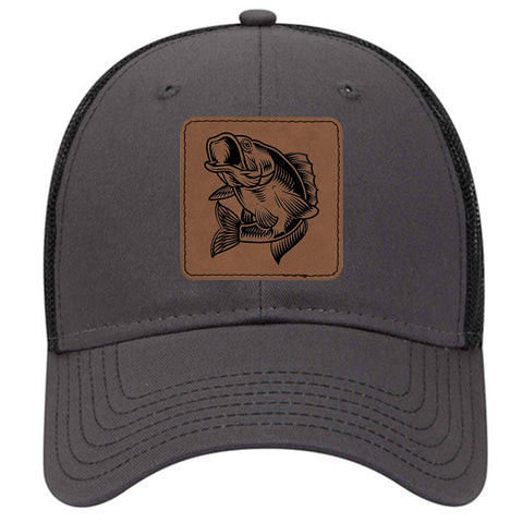 Bass Fish Square Leatherette Patch 6 Panel Low Profile Mesh Back Trucker Hat - For Men and Women