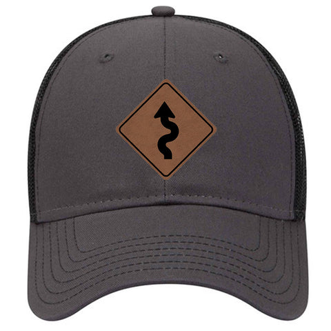 Winding Road Leatherette Patch 6 Panel Low Profile Mesh Back Trucker Hat for Men and Women